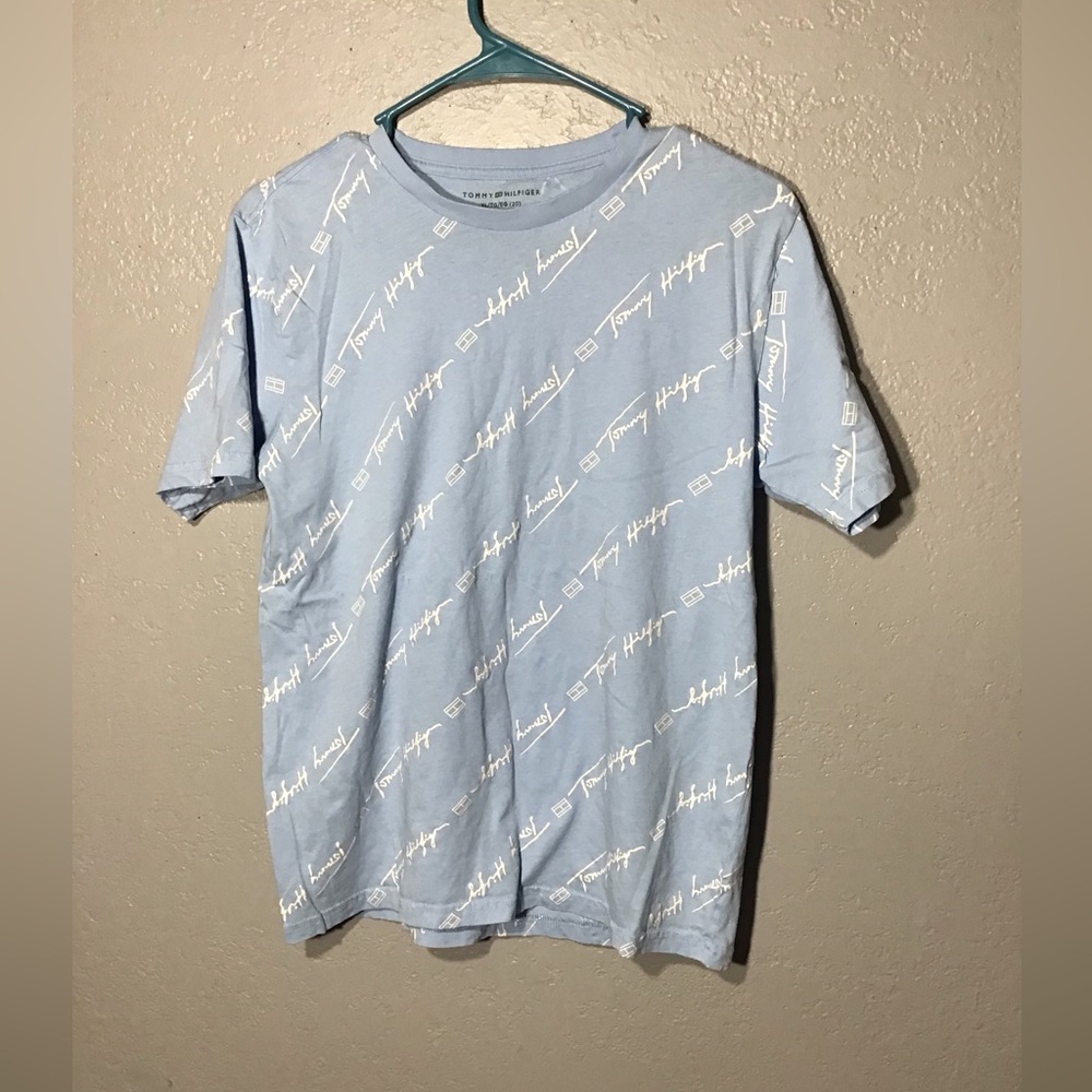 Tommy Hilfiger Boys All- Over Logo Short Sleeve T Short Blue And White Sz XL boy